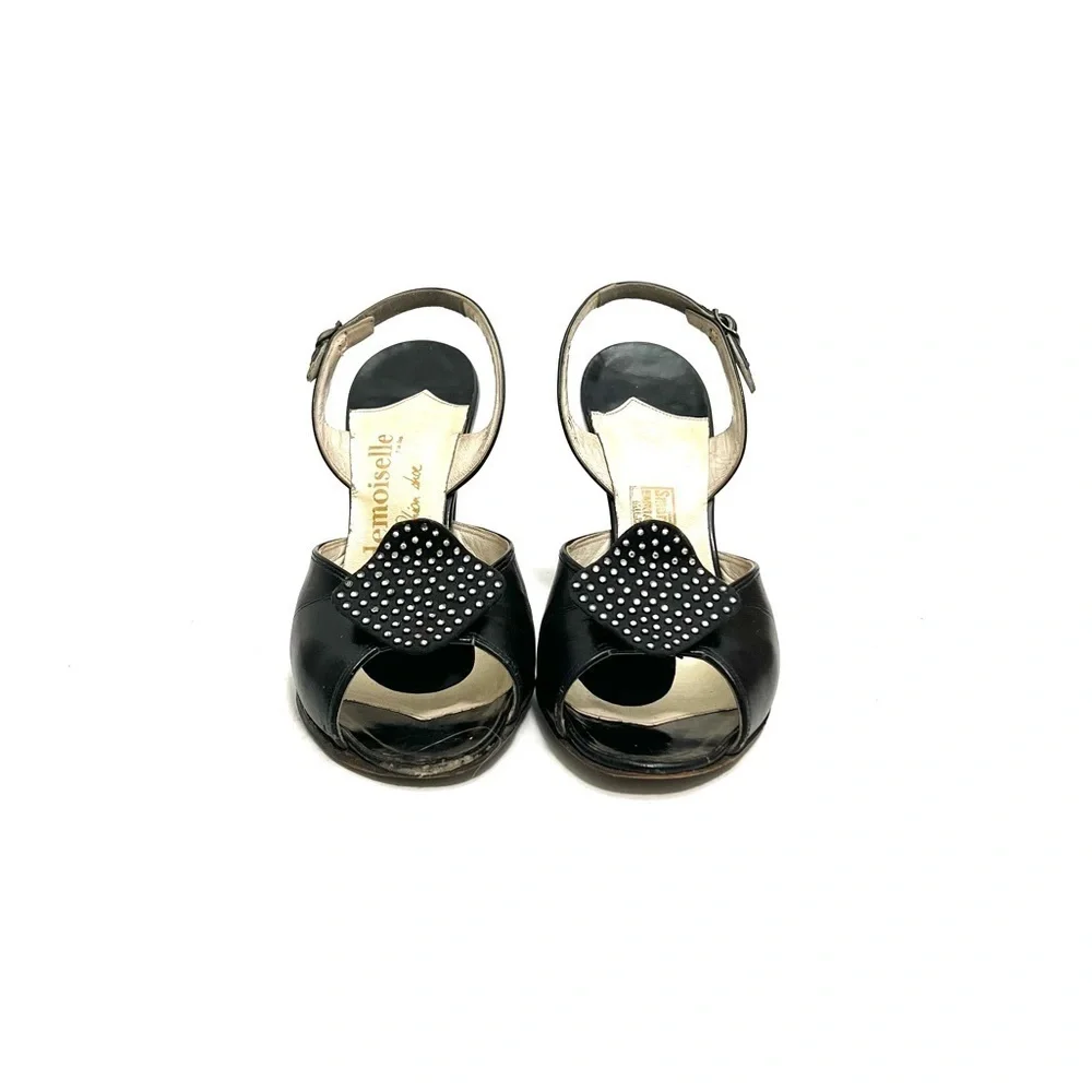 Vintage 1940s black leather peep toe rhinestone slingback heels